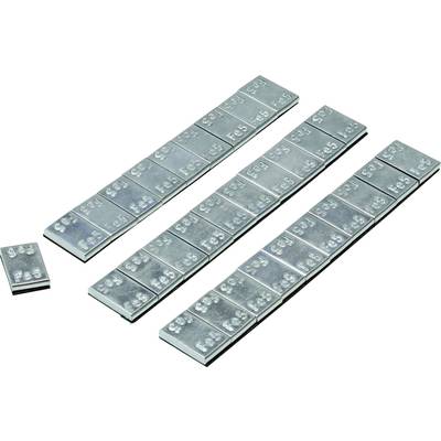 Several long and one short strip with rectangular, silver metal weights on a white background.