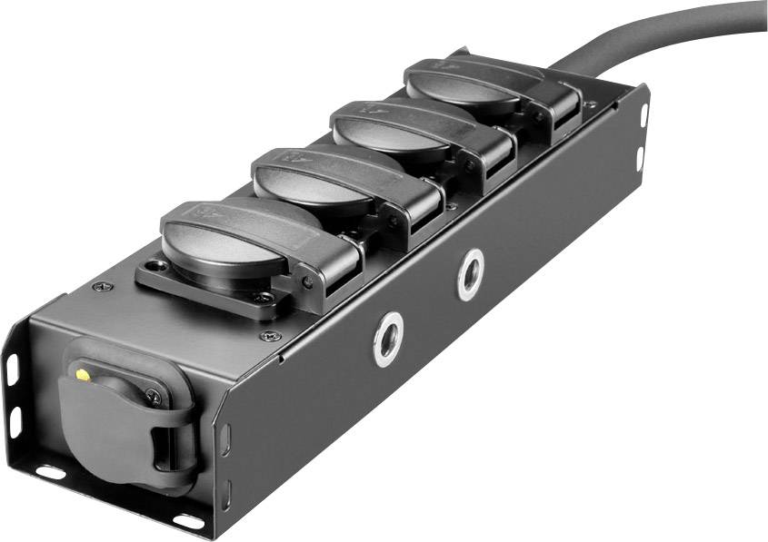 Black power strip with four sockets, protective covers and a cable on the side.