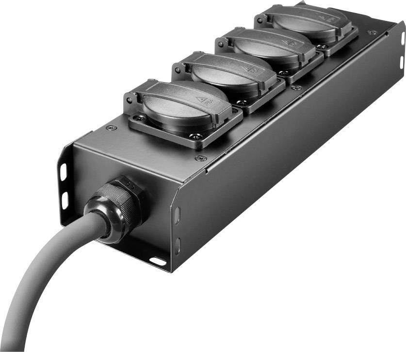 A rectangular distribution box with four covered sockets and a thick cable connection on the left side.