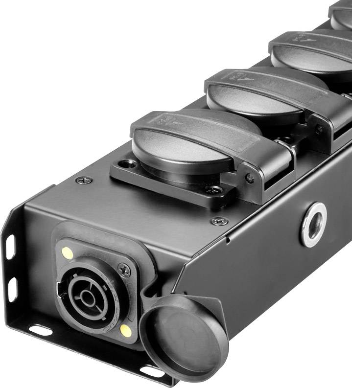 Metal multi-socket power strip with six covered socket outlets and an open connection on the front.