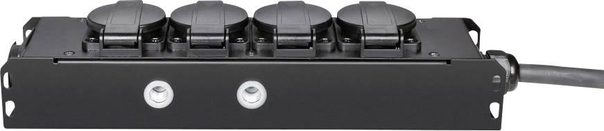 Black power strip with four round plug sockets. A cable runs along the left side. Ideal for multiple connections.