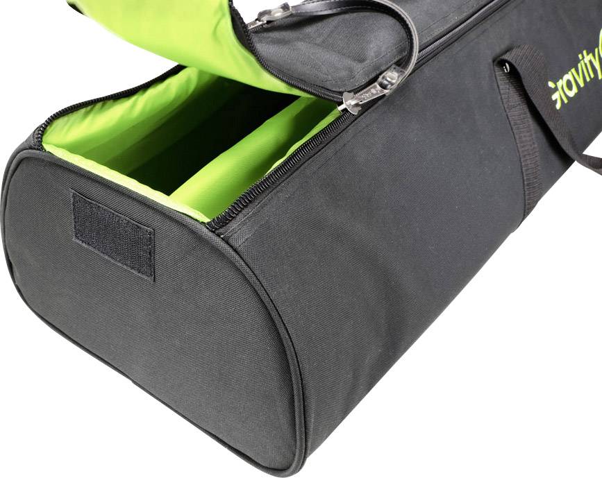 Black, elongated carry bag with green inner lining and zip, suitable for transporting equipment.