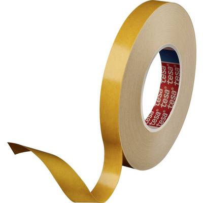 A brown roll of double-sided adhesive tape with part of the backing strip removed.