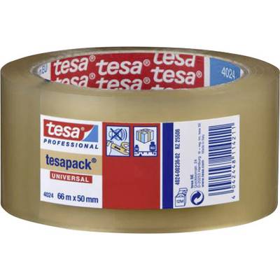 Sellotape roll, brand 'tesa', transparent, 66 m x 50 mm, suitable for packaging, label with handling symbols and barcode.