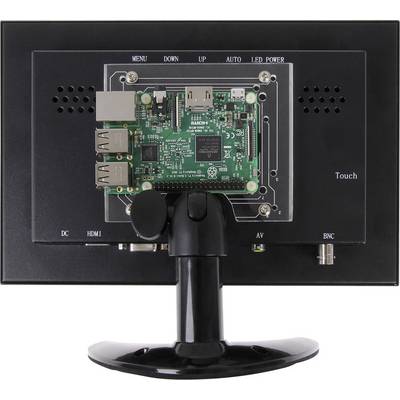 A LCD monitor from the back with an attached development board. It shows connections and a mounted minicomputer in the centre.