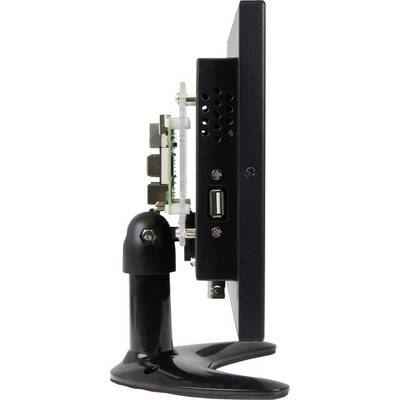 Side view of a monitor on a stand. Visible are connections and a USB port.