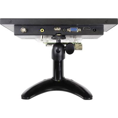 Back of a monitor with various ports: coaxial, USB, audio, VGA and HDMI. The monitor is standing on a stand.