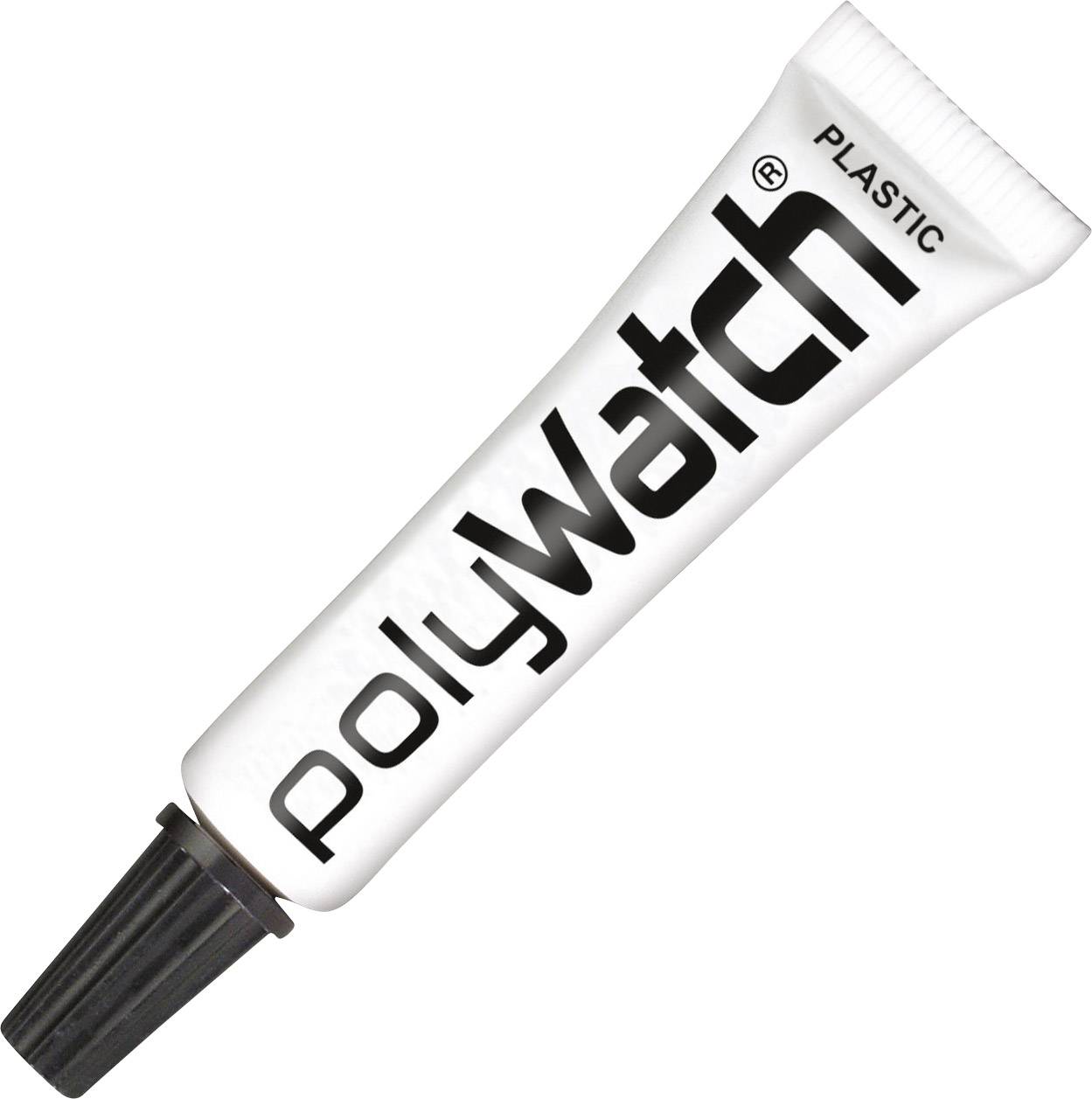 'PolyWatch Plastic' tube packaging, white with black print and black lid. Contains polish for removing plastic scratches.