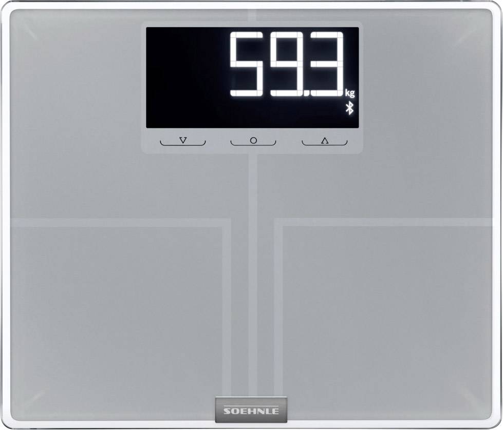 Digital bathroom scales with a display reading '59.3 kg' and a Bluetooth symbol. White, minimalist design with a glass surface.