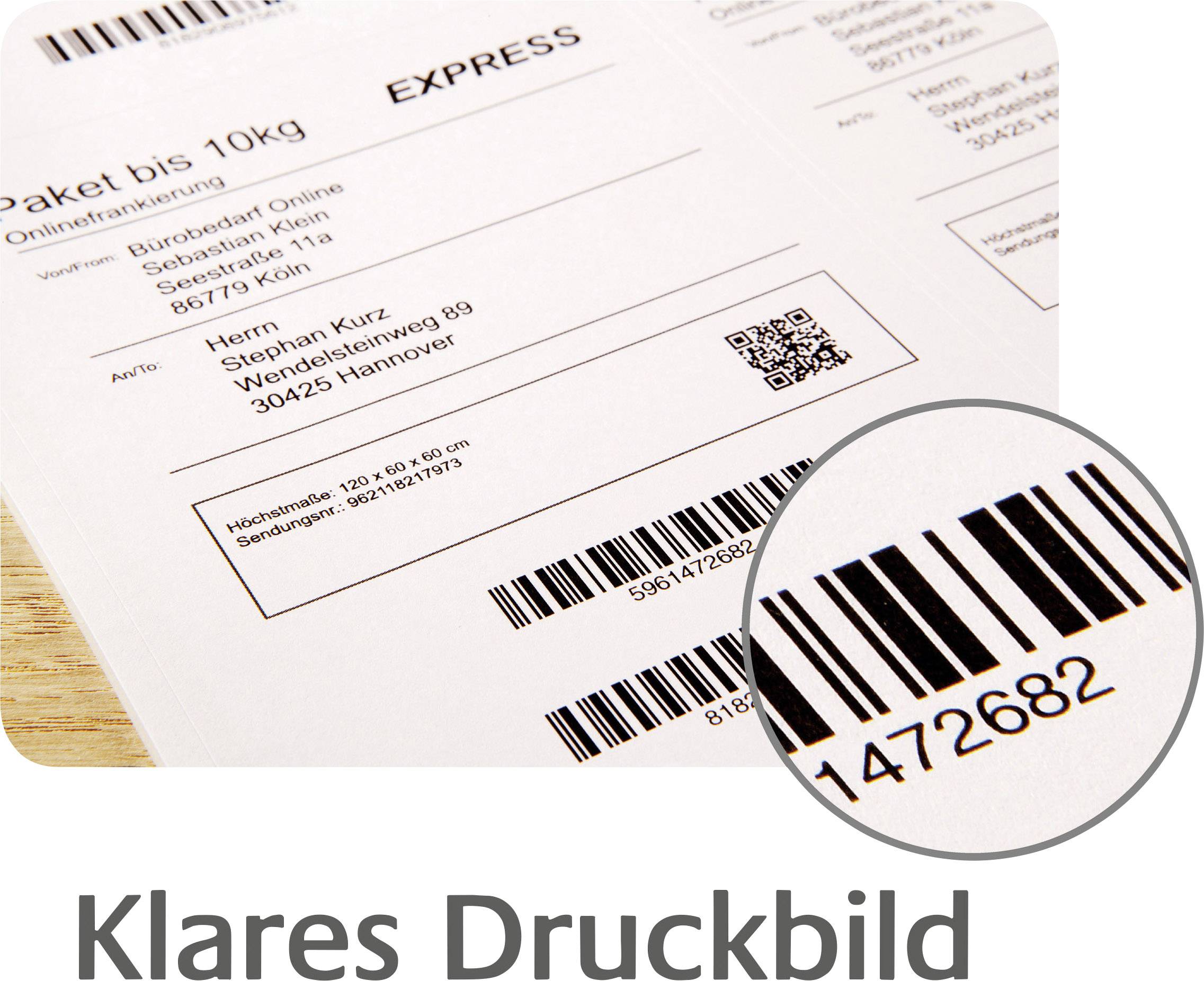 'Label with address and barcode details for parcel delivery. Clear text: 'EXPRESS', Destination: Hanover, up to 10 kg. QR and barcode visible.'