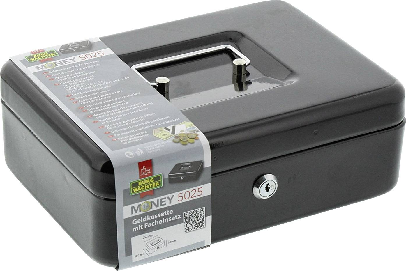 Black cash box with carry handle and lock. Packaging displays product information and an image of the cash box.