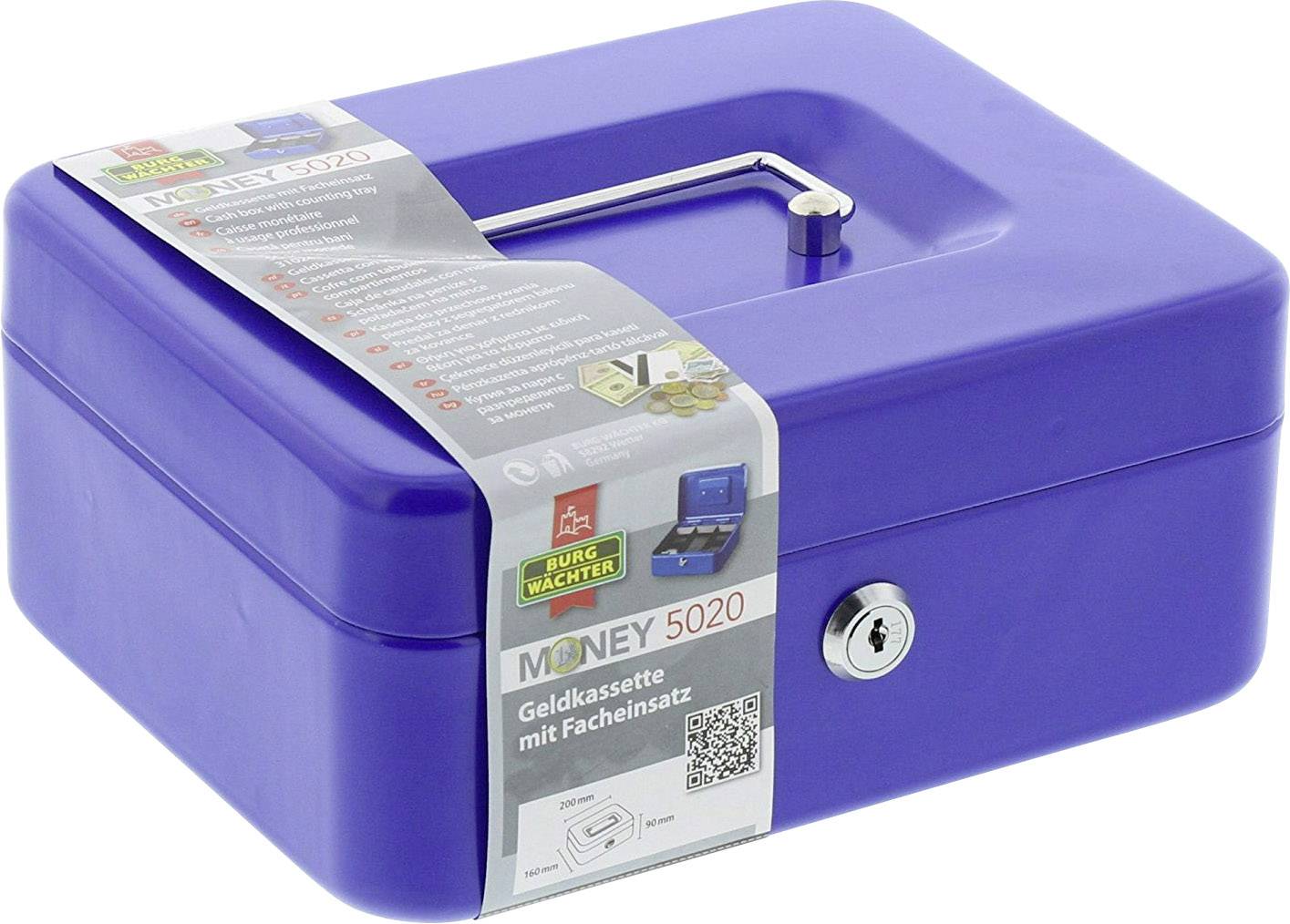 Blue cash box with lock and carrying handle. Sticker shows 'BURGWÄCHTER Money 5020' and product information.