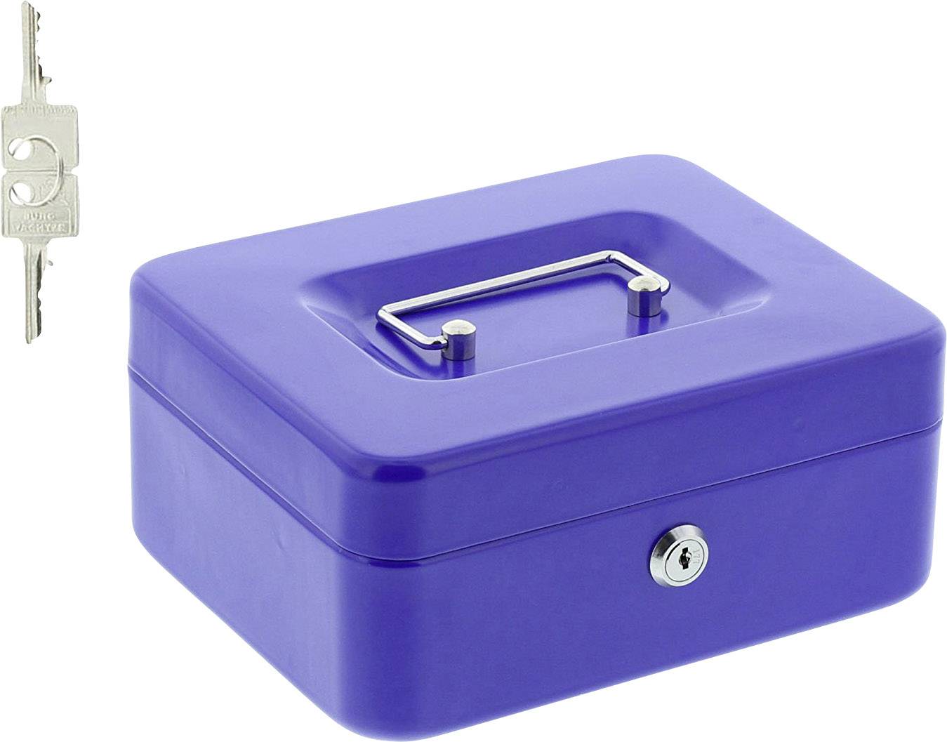 Blue cash box with carry handle and lock, with a key beside it.