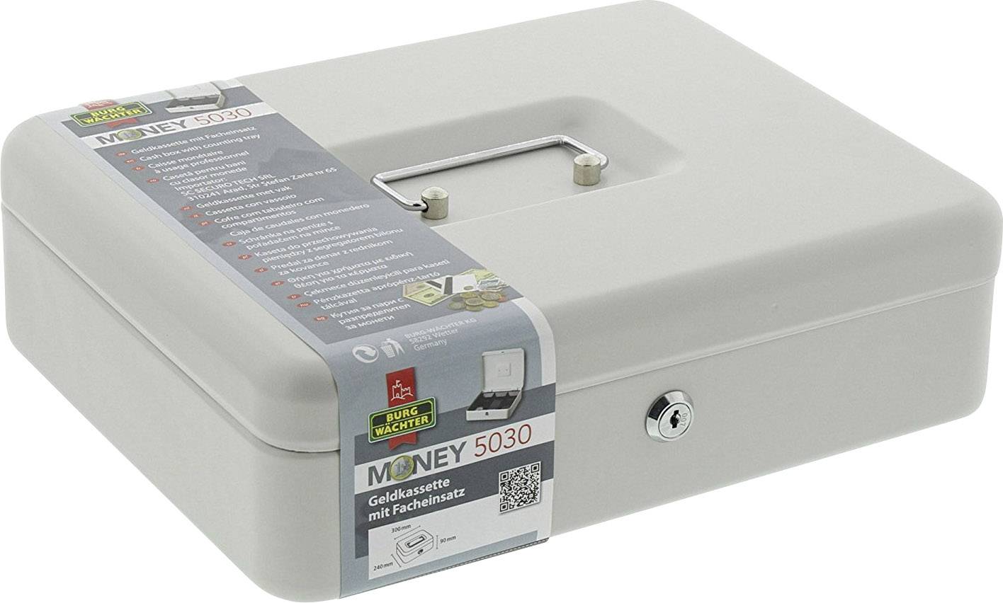 Metal cash box with carry handle and lock. Sticker displays brand and product information; grey, rectangular, robust design.