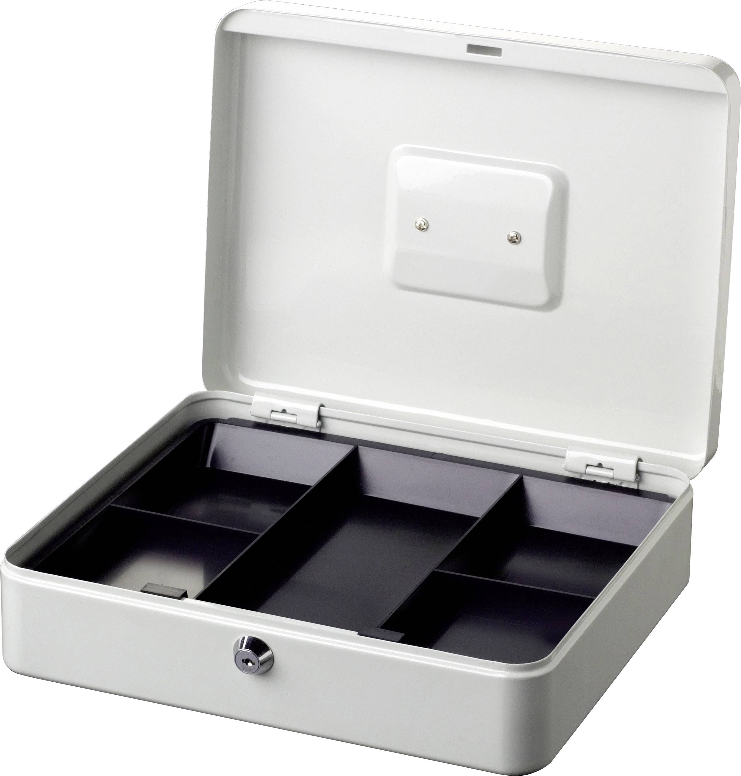 Grey cash box with an open lid, showing multiple compartments for storing coins and banknotes.