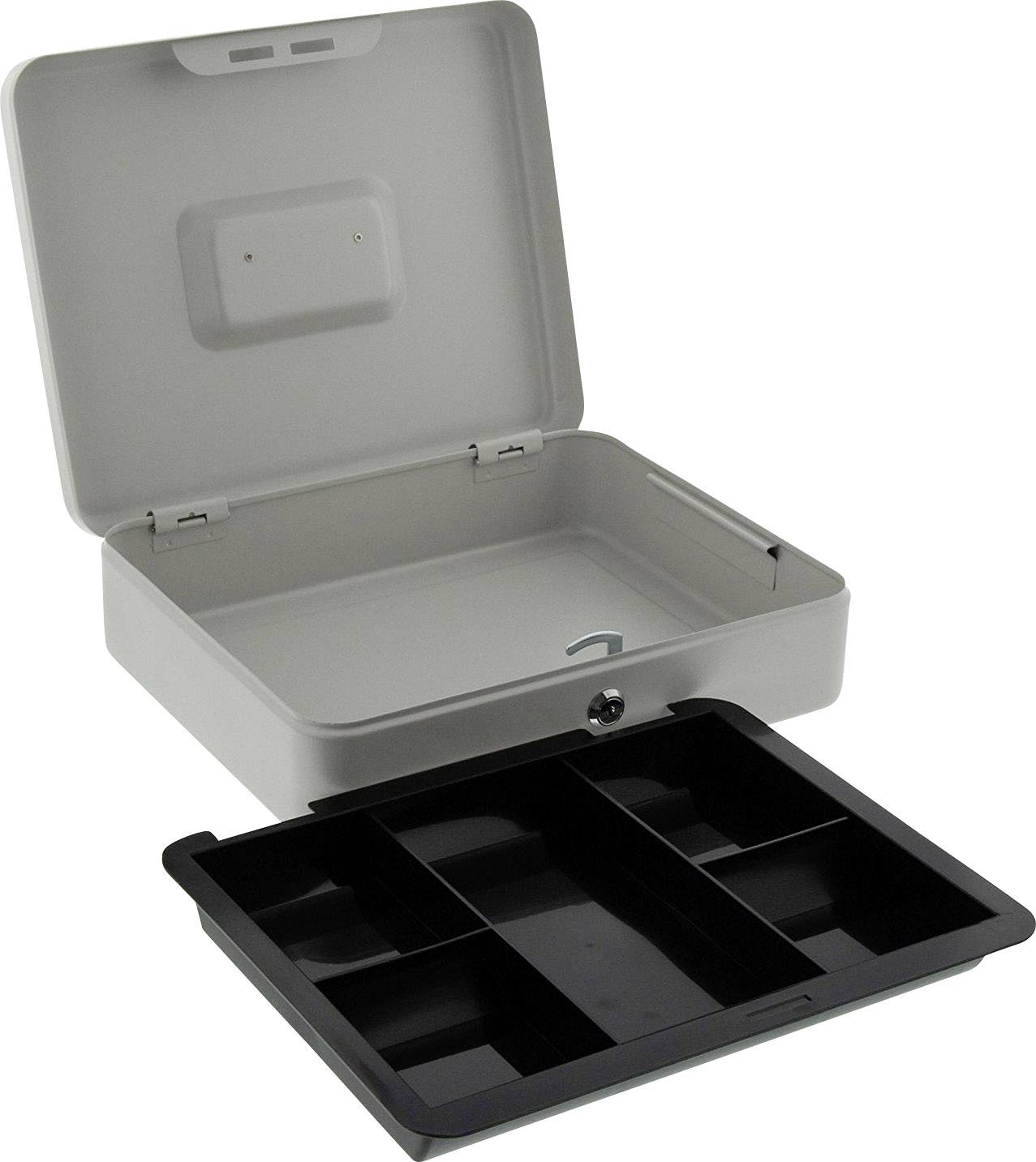 An open metal case with a removed black insert that has multiple compartments for storage.