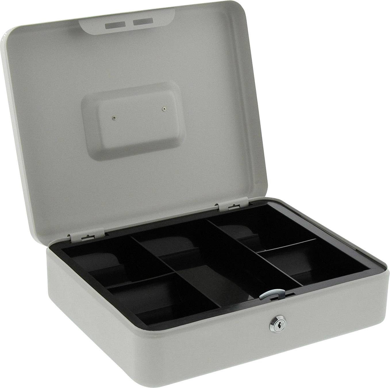 Metal cash box with an open lid, showing six compartments for storing coins and banknotes, secured with a key.