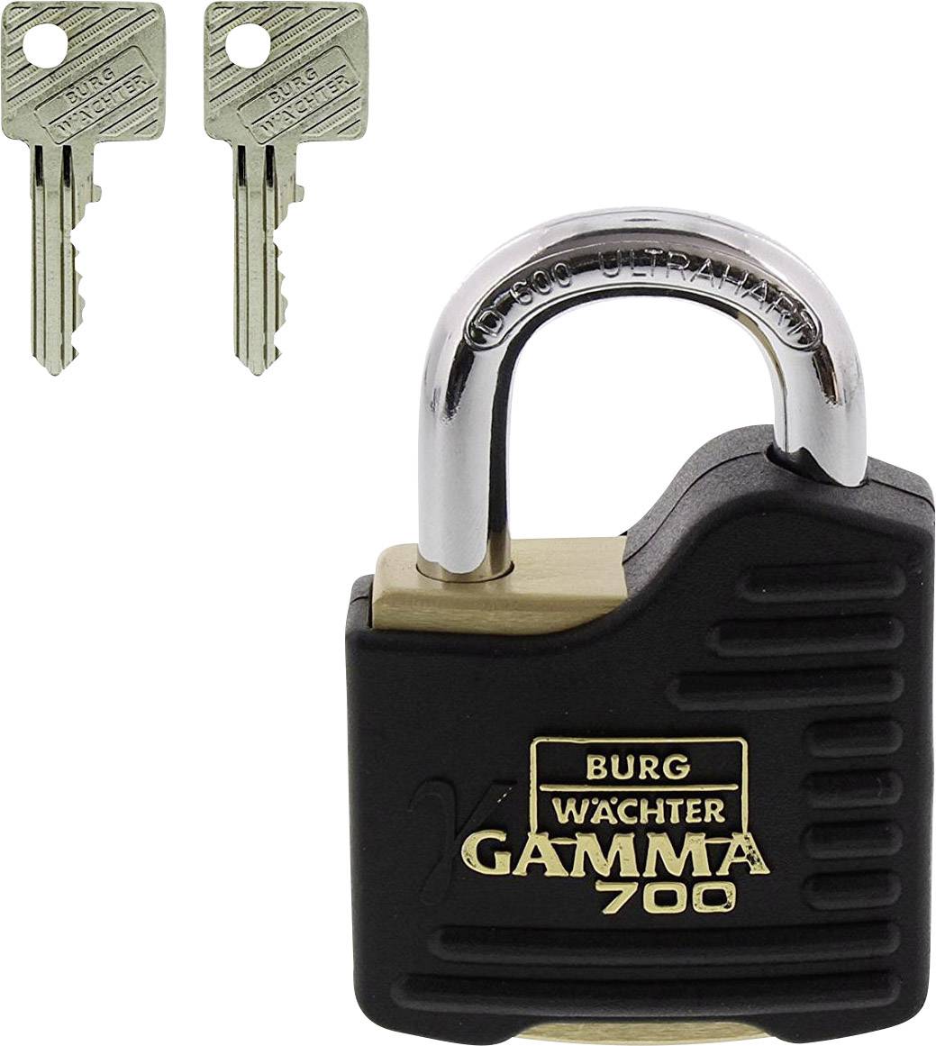 A padlock by the brand 'Burg Wächter Gamma 700' with two accompanying keys, which are pictured to the left of the lock.