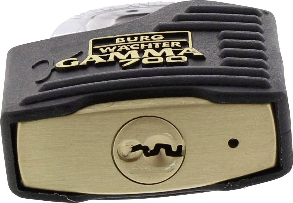 A black padlock by the brand 'Burg Wächter Gamma 700'. Large and robust with a golden lock core, positioned sideways.