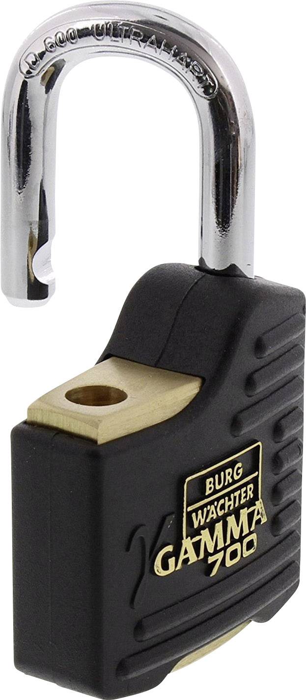 An open padlock, black with a silver shackle, brand inscription: 'Burg Wächter Gamma 700'.