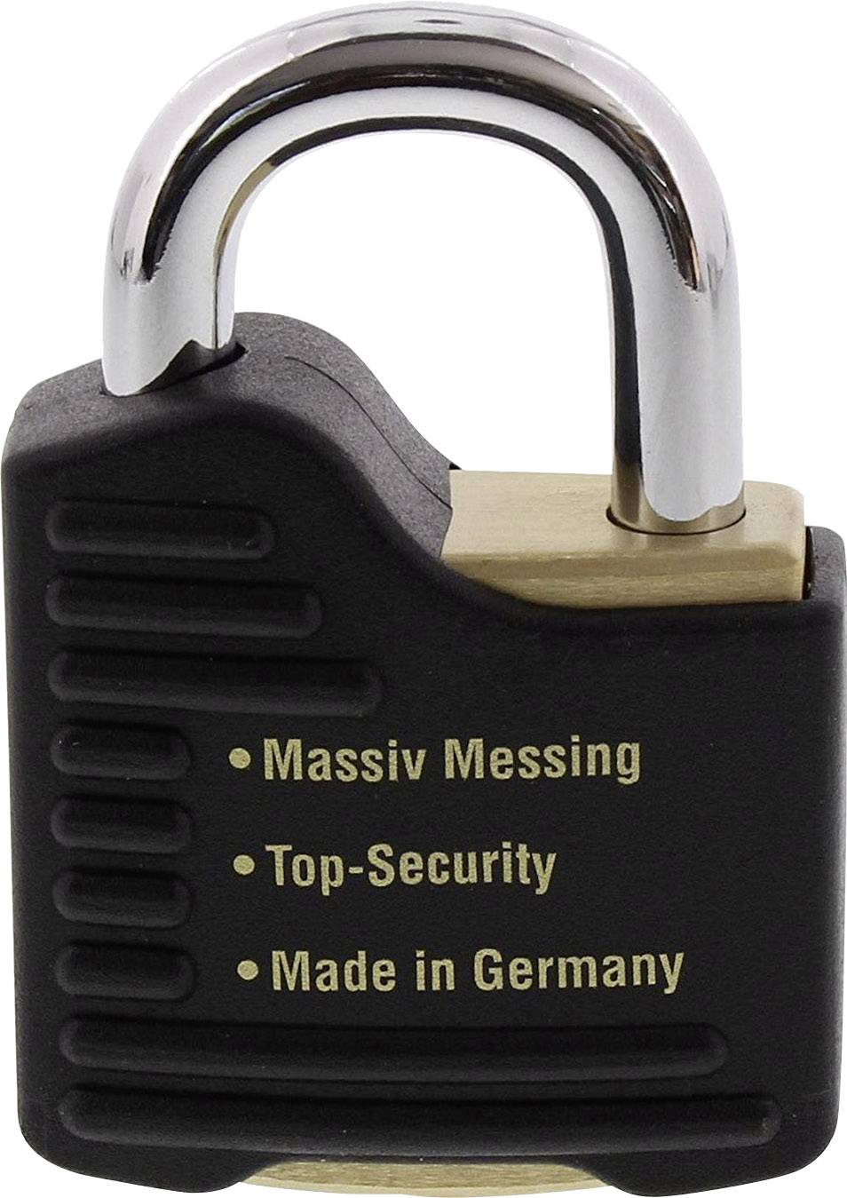A black padlock with the inscription 'Solid Brass', 'Top-Security', 'Made in Germany' on the front.