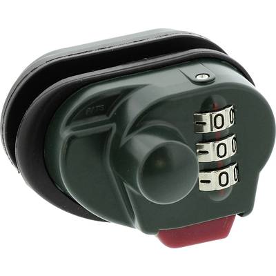 Green numerical lock with three adjustable number wheels and black rubber buffer.