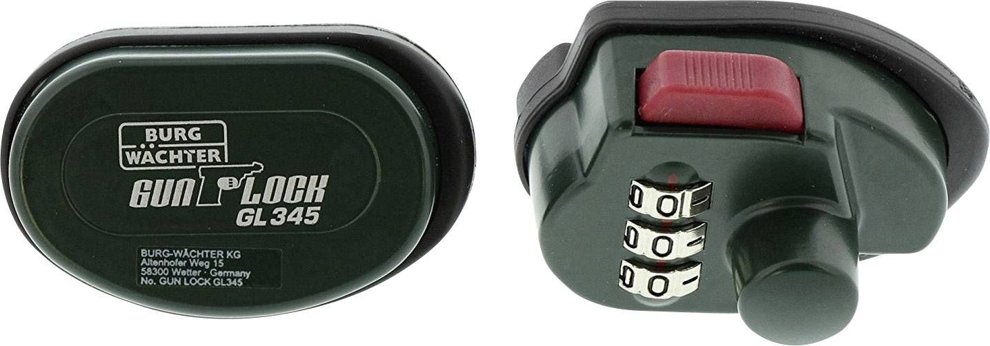 Two views of a green gun lock with a combination lock by 'Burg Wächter', model 'Gun Lock GL 345'. On the left, logo and model text, on the right, combination lock and red safety lever visible.