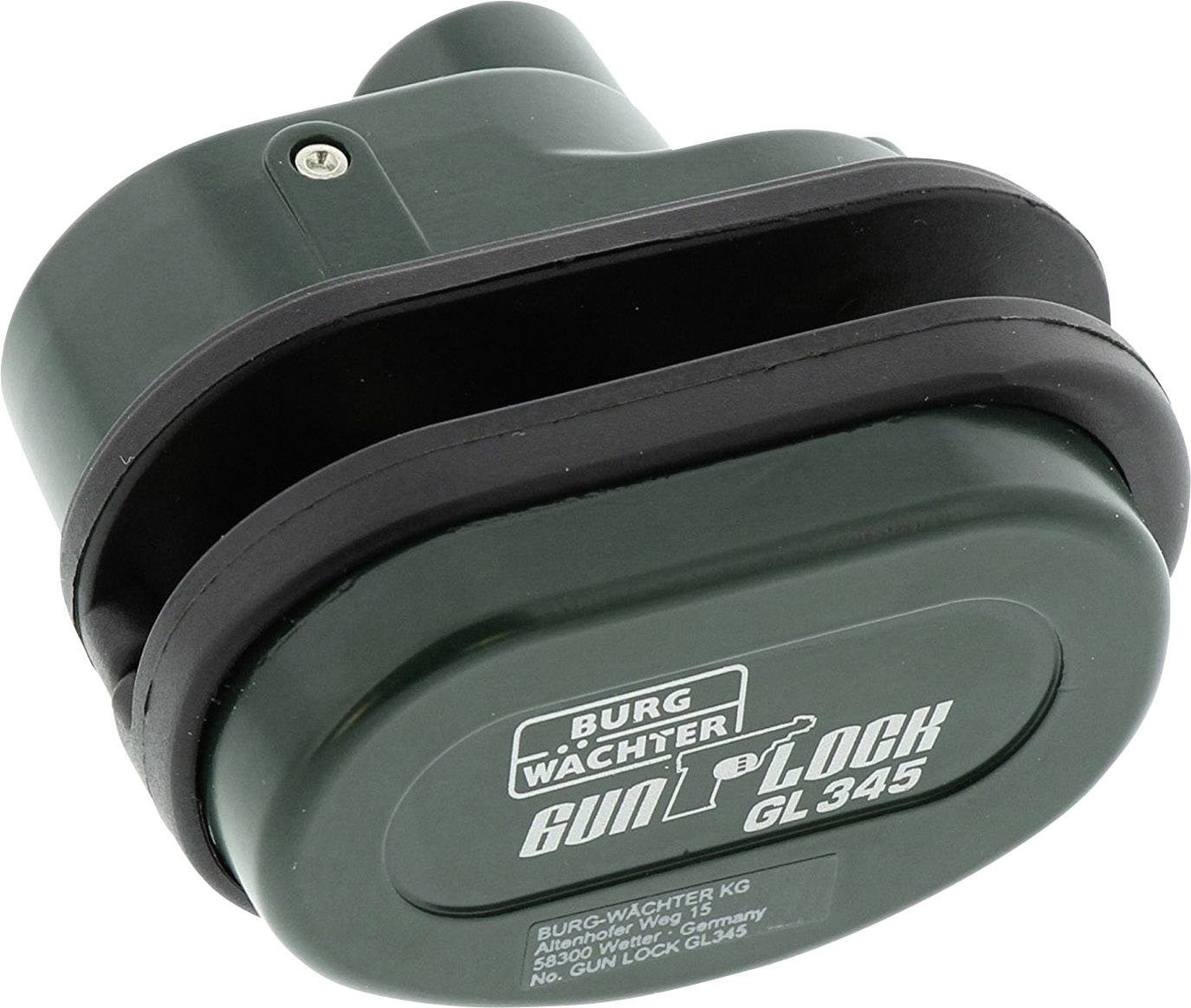 A green gun lock with the inscription 'BURG WÄCHTER GUN LOCK GL 345', used for securing firearms.