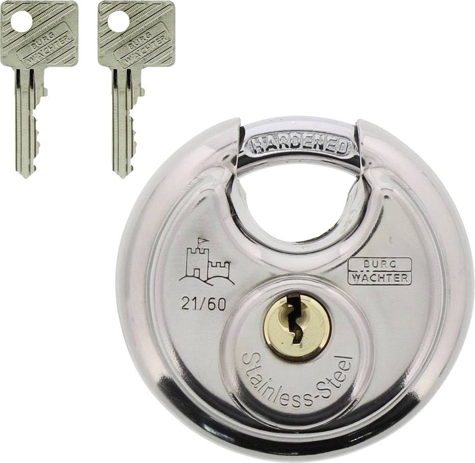 A round padlock made of stainless steel with two matching keys. A castle logo is displayed on the padlock.