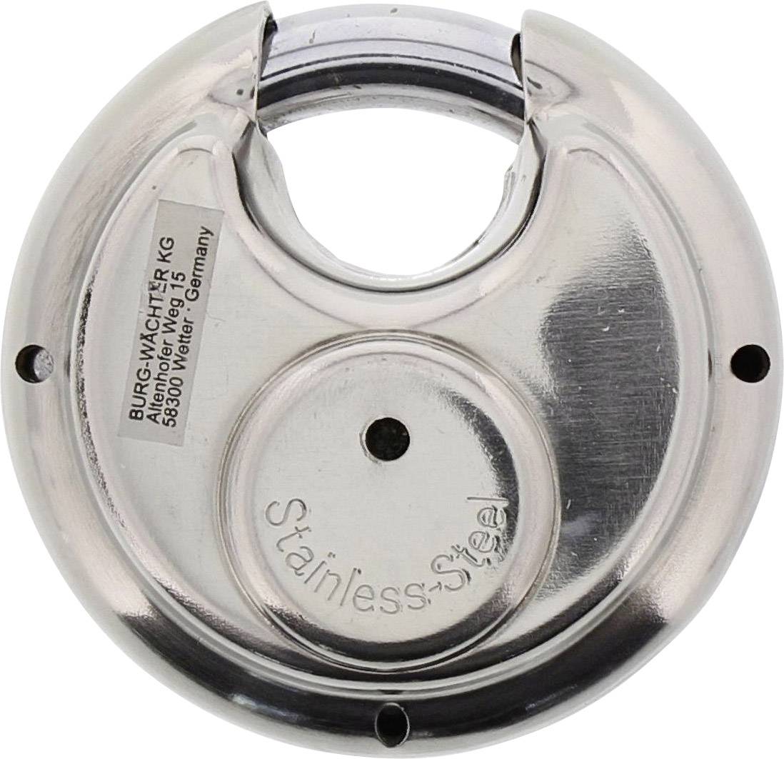 Round, silver padlock made of stainless steel with the inscription 'Stainless Steel'. At the top, there is a rotatable closure mechanism.