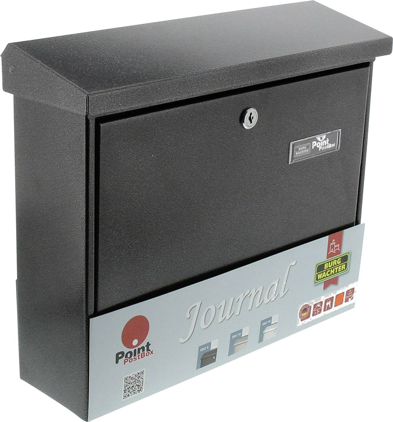 Black letterbox with lock, brand sticker in top left corner. Beneath it, a compartment marked 'Journal'.