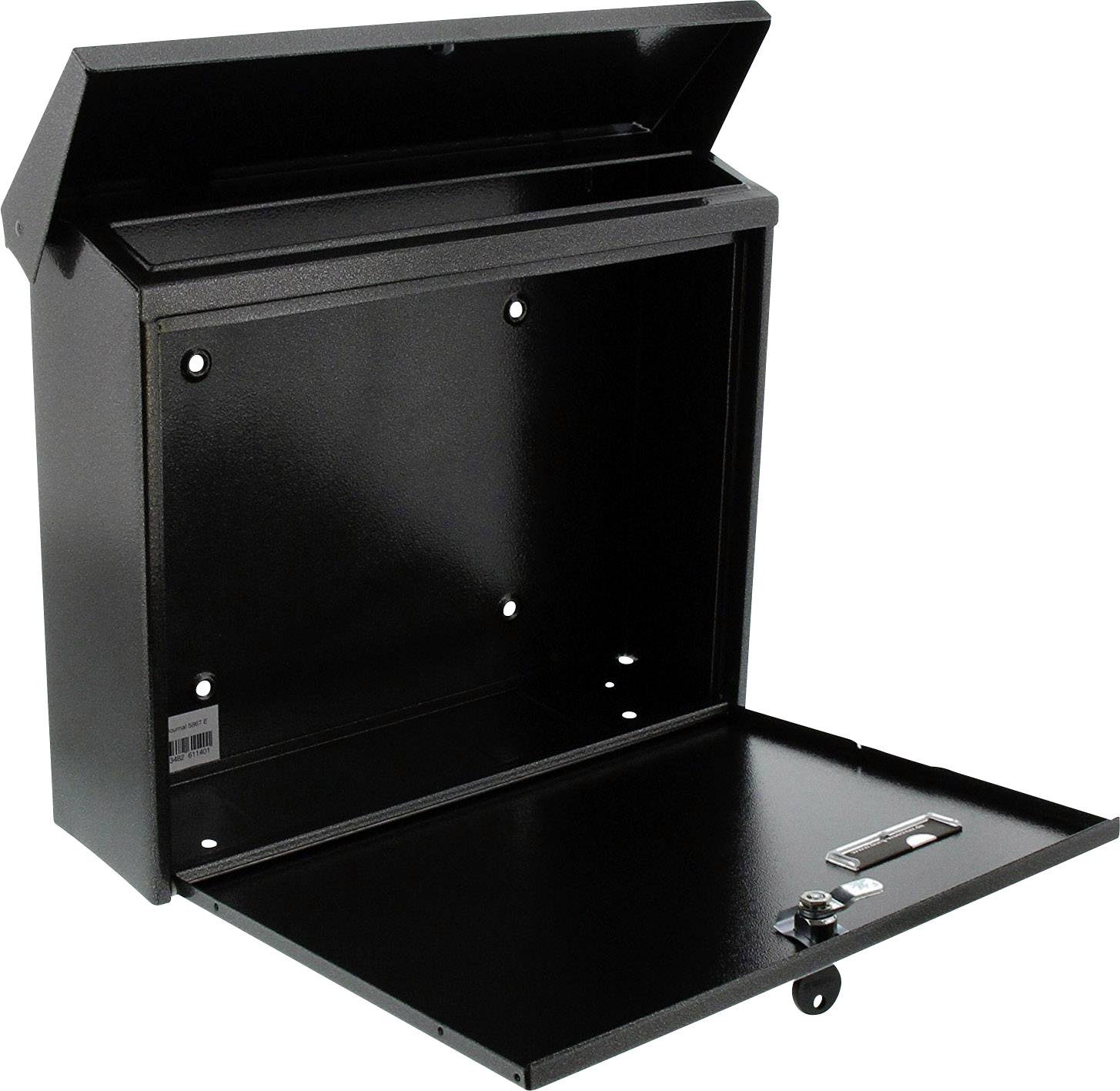 Black, rectangular metal wall-mounted letterbox with an open door and lock, showing space for letters and parcels.