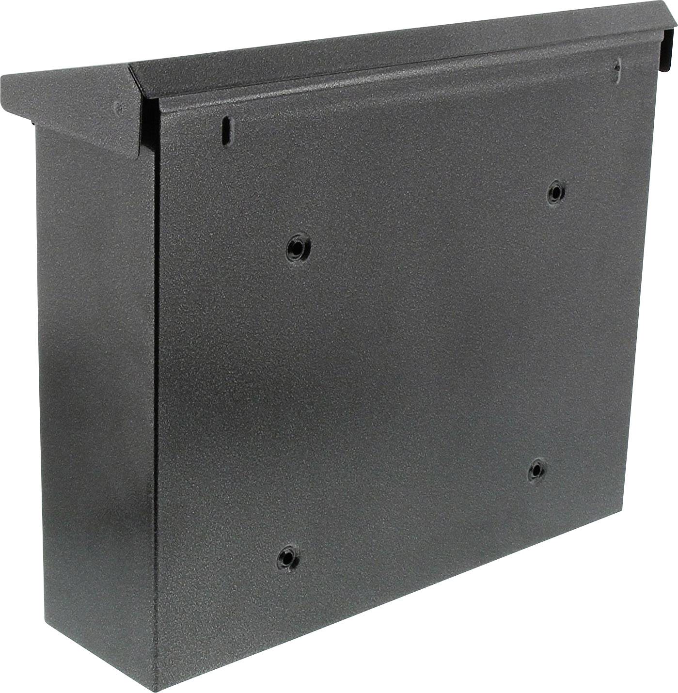 Black, rectangular metal box with screw holes on the front face, potentially suitable for wall mounting.