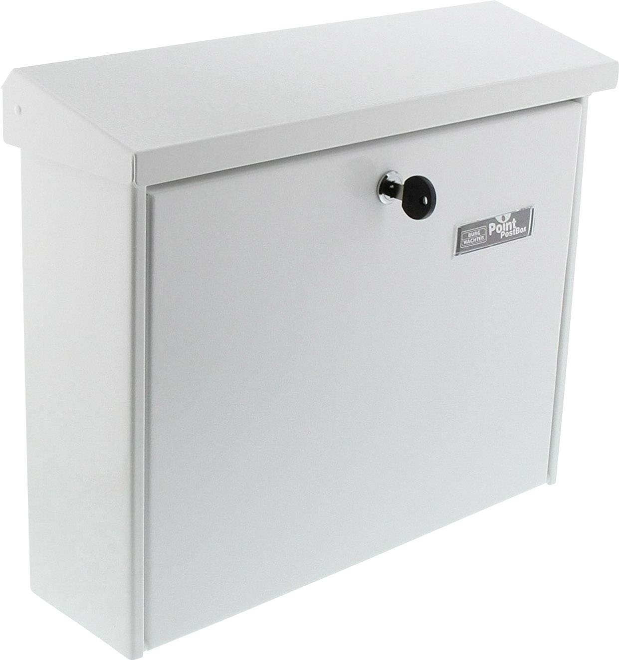 White, wall-mounted letterbox with a lock and name plate on the front. Simple, modern design for outdoor use.