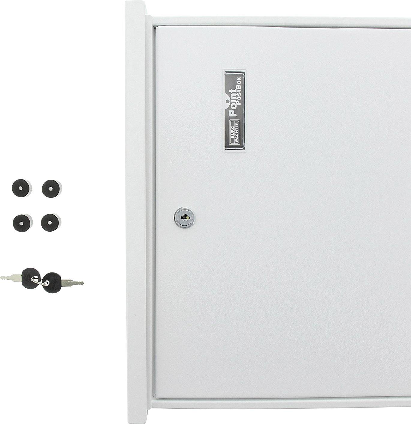 White lockable box with a keyhole and mountable screws and washers on the left side.
