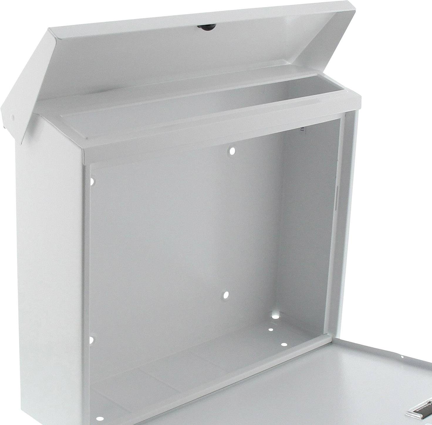 An empty, open metal letterbox with a lid on top.