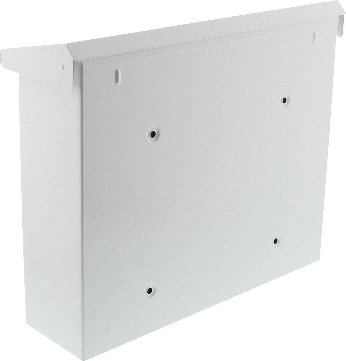 A rectangular, white metal box with holes for wall mounting. Suitable as a protective cover or enclosure in technical installations.