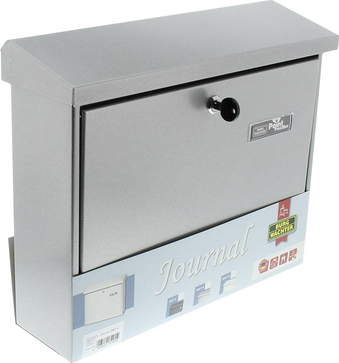 Silver letterbox with top-hinged lid and lock. Brand: 'Burg-Wächter'. Beneath is the inscription 'Journal'.