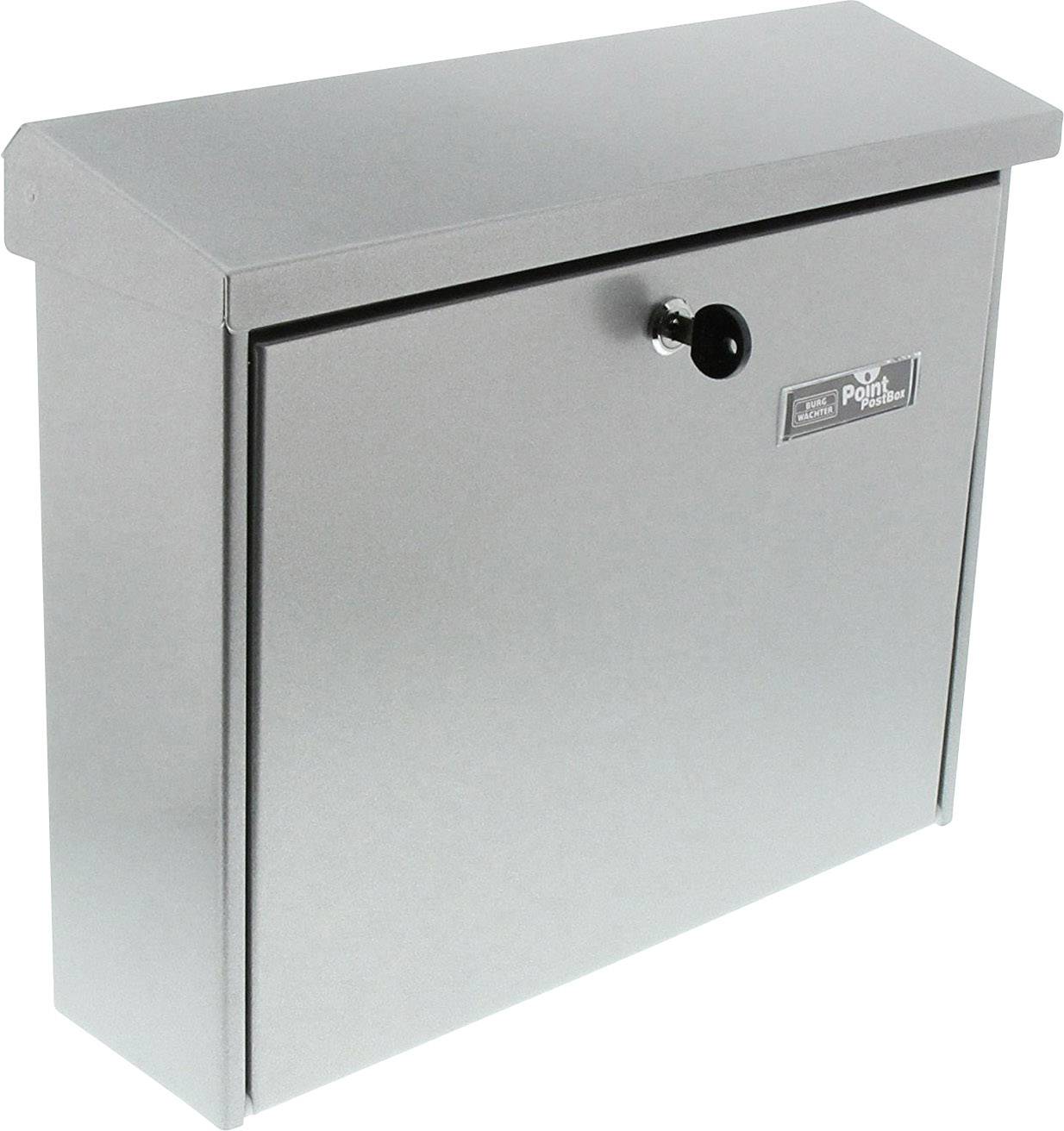 Grey, wall-mounted letterbox with lock and manufacturer's nameplate 'Papenker'.