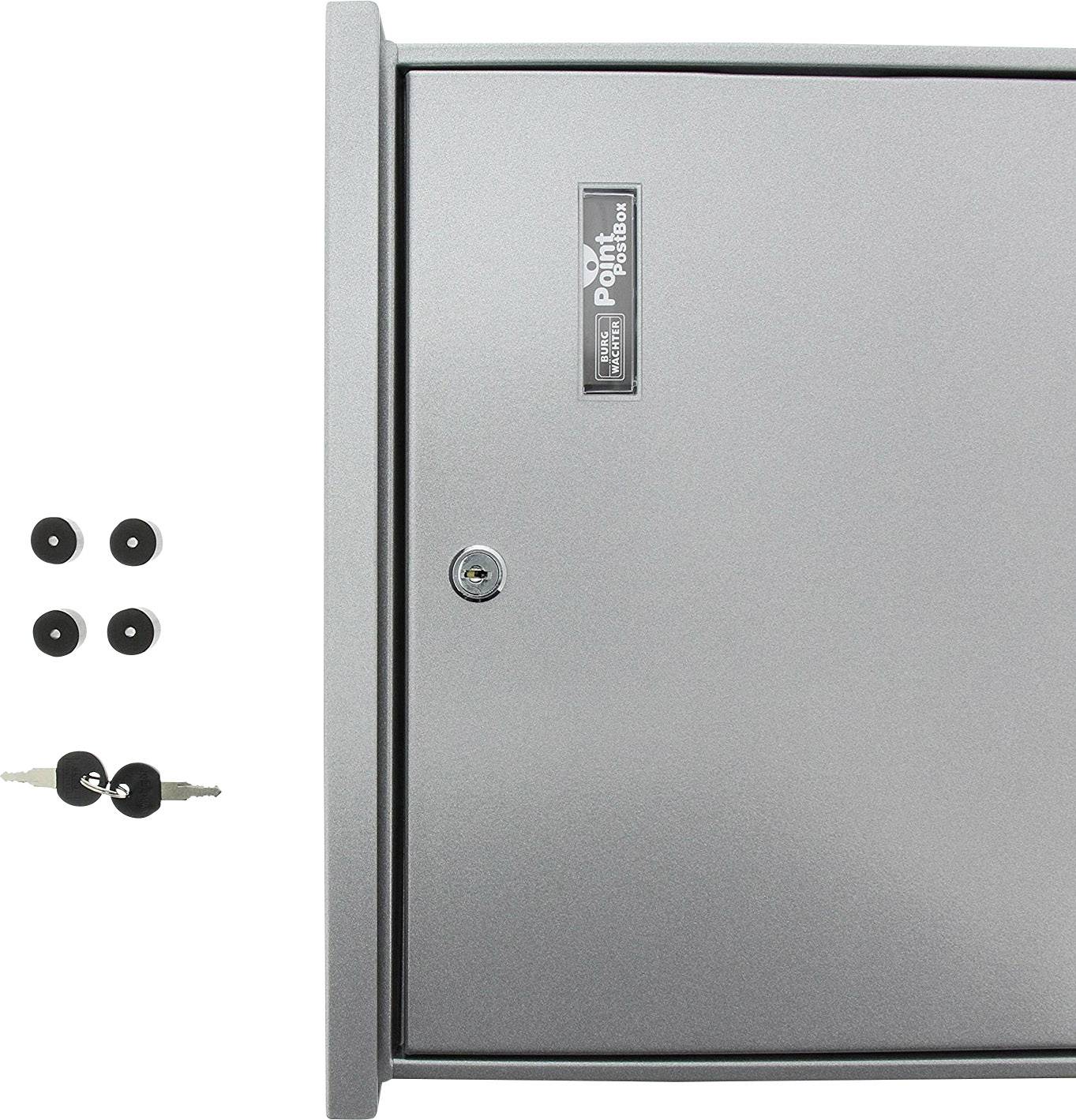 Grey postbox with key and mounting hardware. Flat front face with lock.