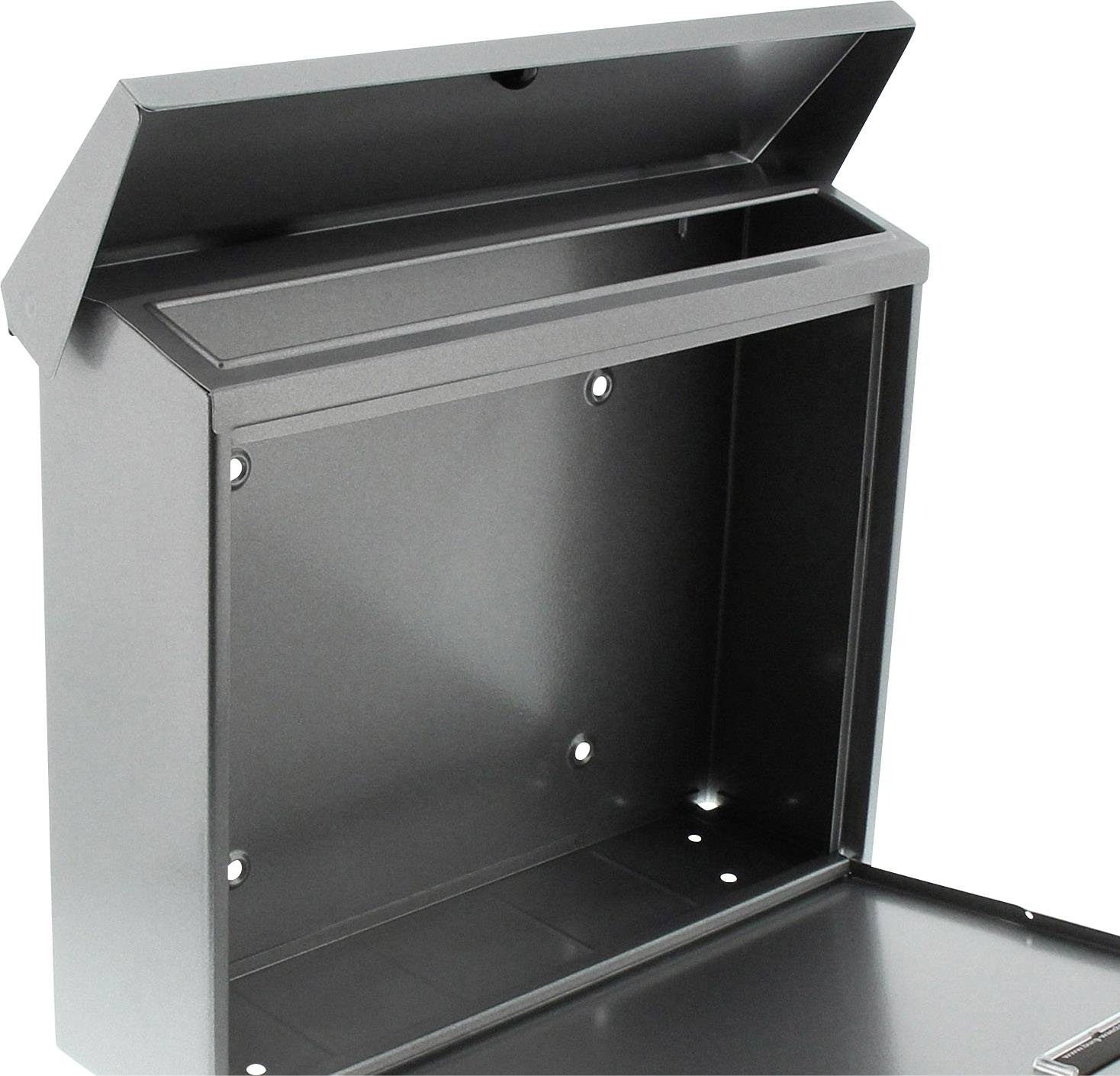 A black, open postbox with a flap at the top and a door at the bottom. No post visible. Ideal for mounting on a house wall.