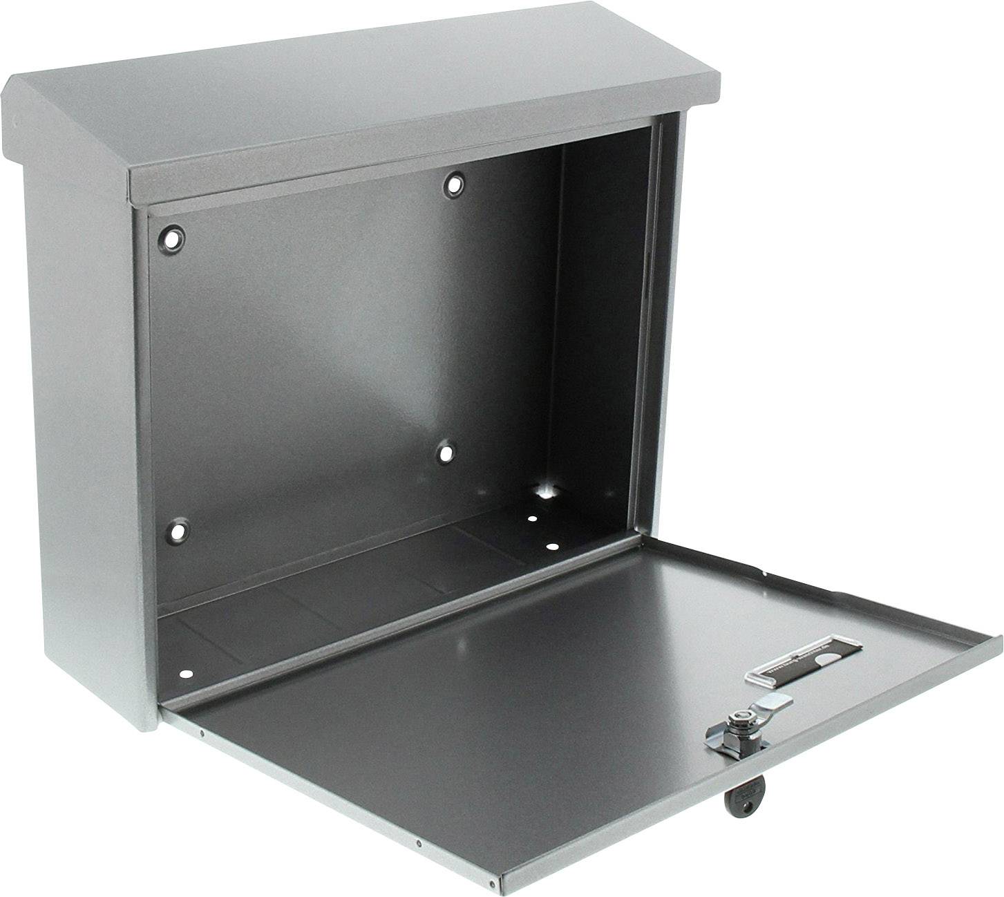 A metal letterbox with an open, empty design and a hinged door, suitable for collecting letters and parcels.