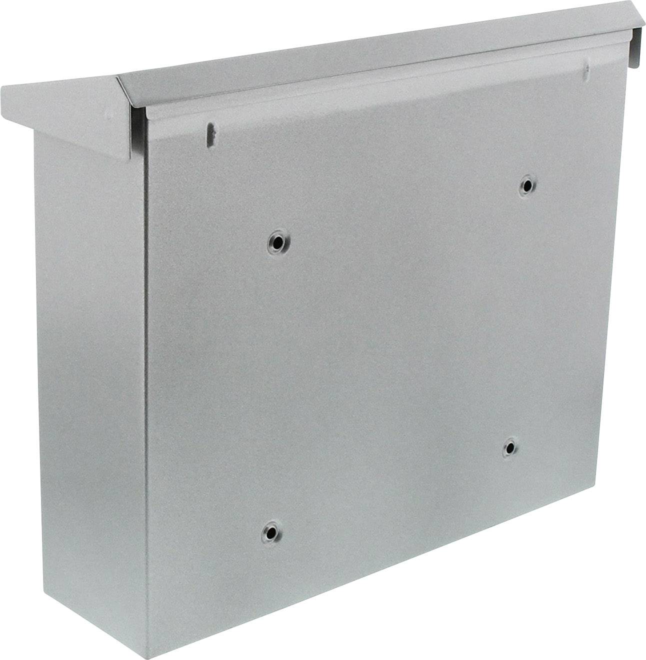 Grey, metallic wall mounting bracket with four mounting holes at the front, rectangular shape.