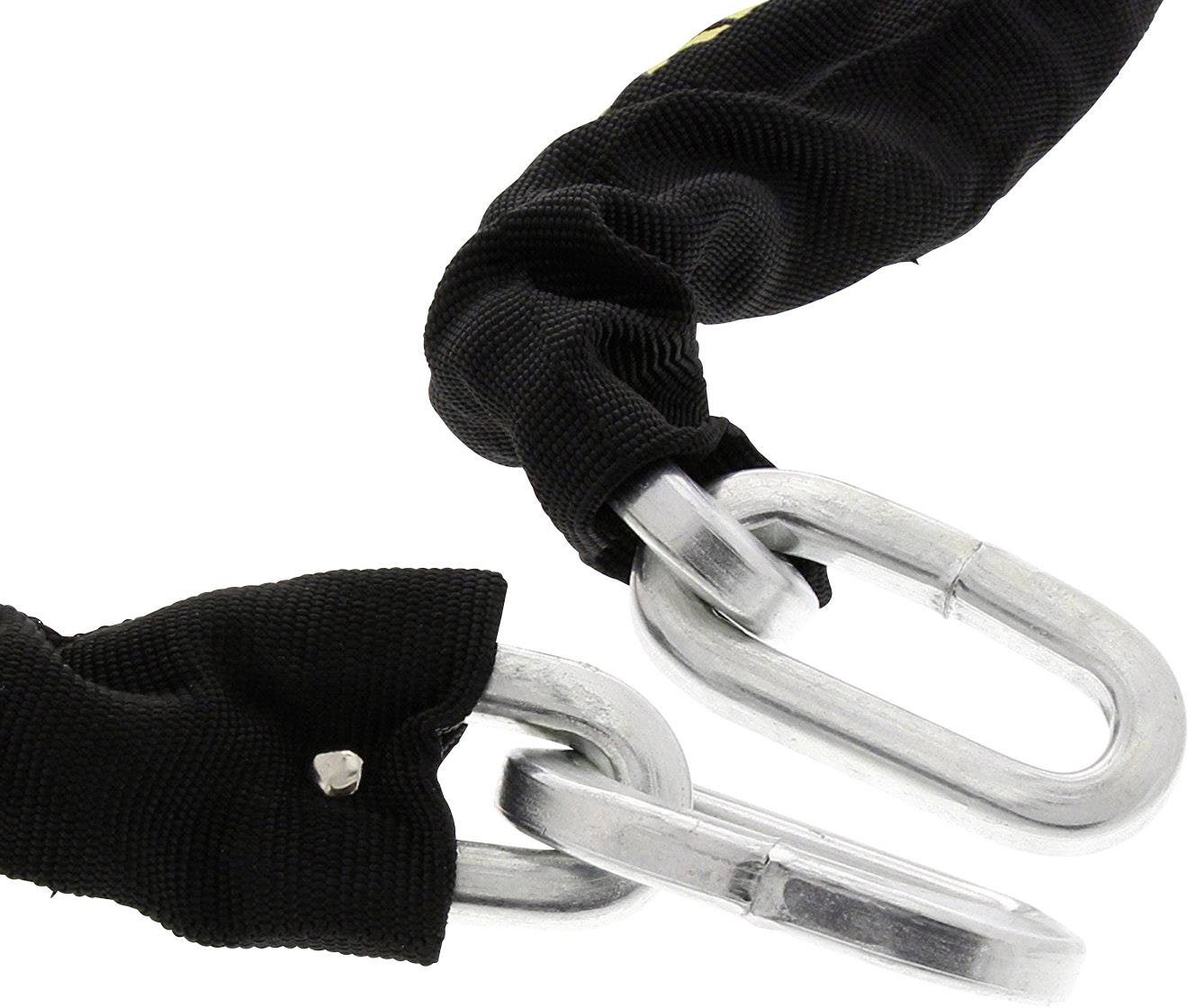 A silver padlock with a sturdy, black steel chain link, partially enclosed in a black fabric sleeve.
