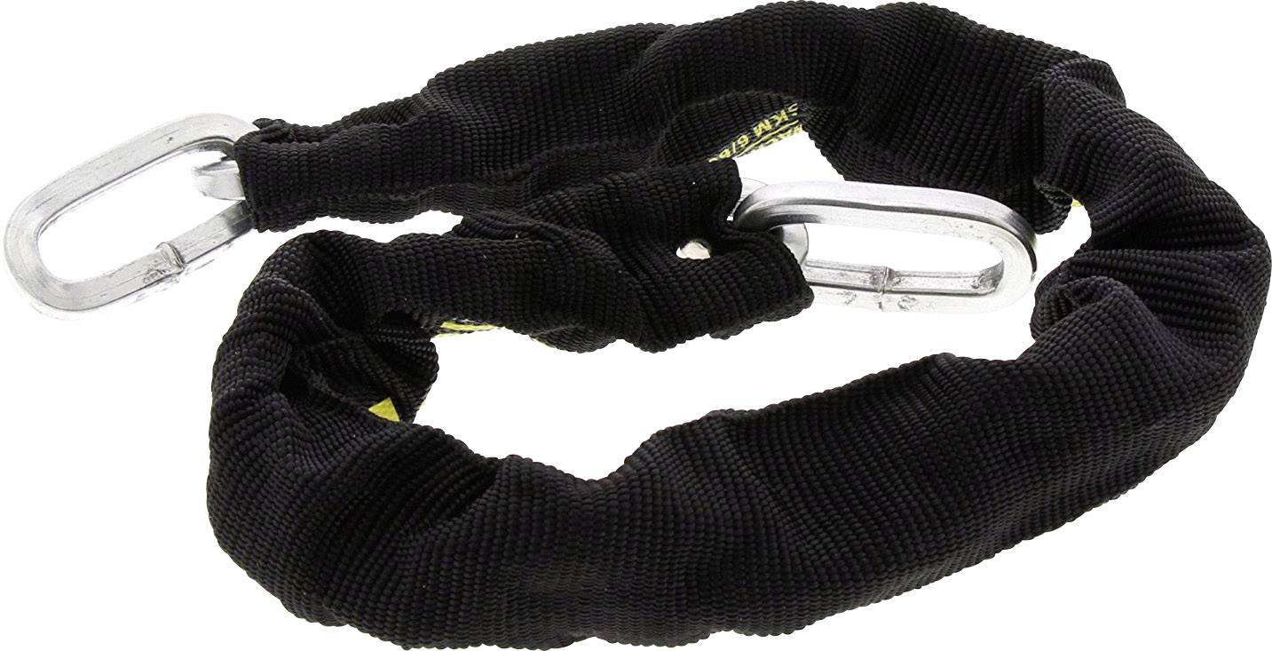 Black, flexible cable lock with metal hooks at both ends, suitable for securing bicycles or other items.