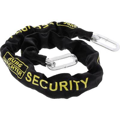 Black security chain lock with a yellow print of 'Burg Wächter' and 'Security', shaped in a loose spiral form.