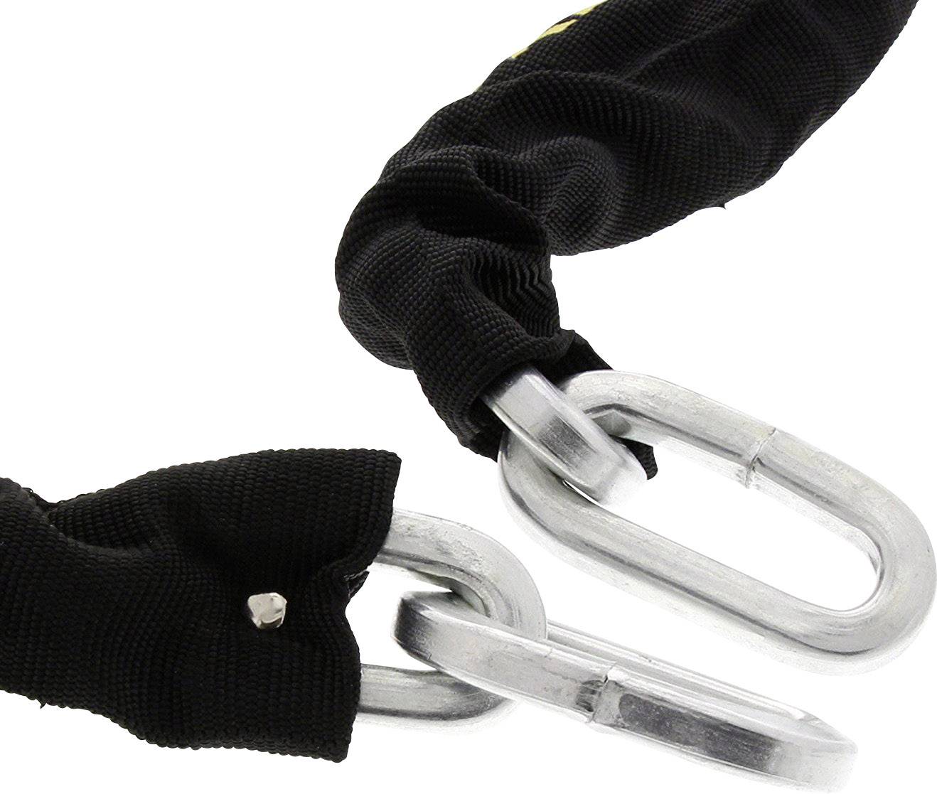 Metal chain with carabiner clasp, encased in black fabric, on a white background. Suitable for securing purposes.