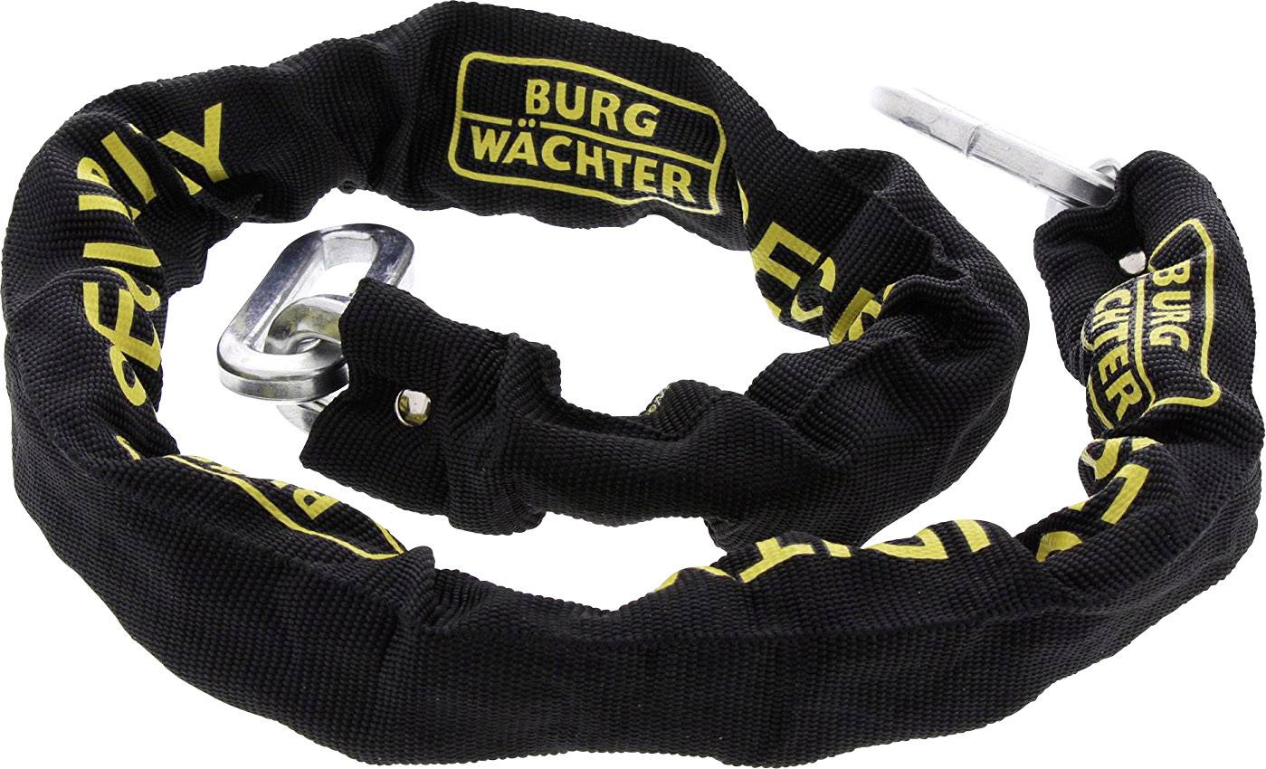 Black chain lock with yellow 'Burg Wächter' logo, metal hook and textile covering for additional protection.