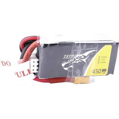 A Li-Polymer battery named 'TATTU', 450 mAh, 7.4 V, 2 cells. Suitable for remote-controlled models or drones.