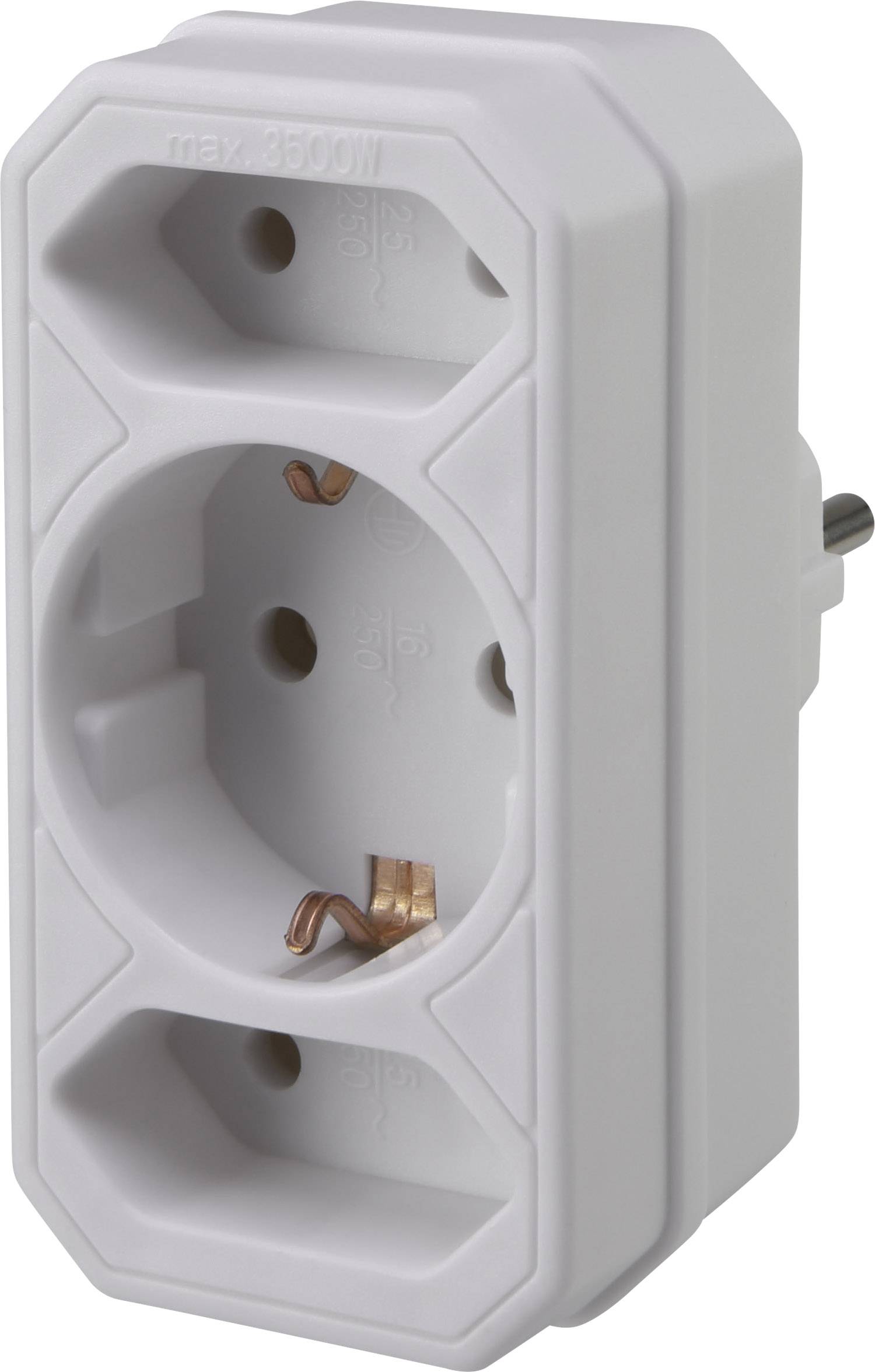 Triple socket in white plastic with two side and one front socket, suitable for max. 3500 watts.